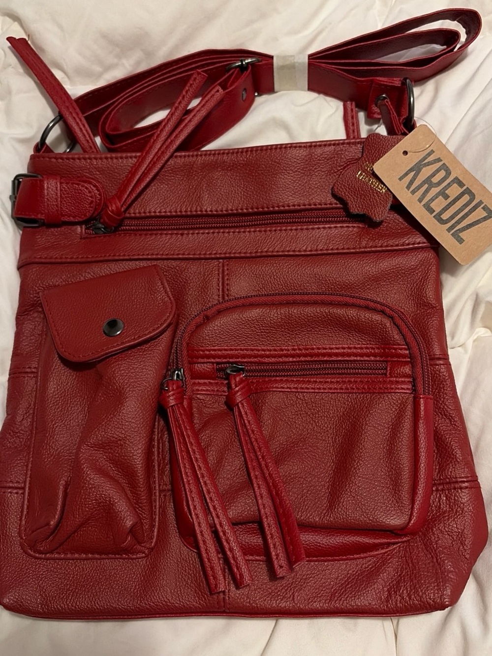 NWT Krediz red genuine leather crossbody bag with multiple pockets